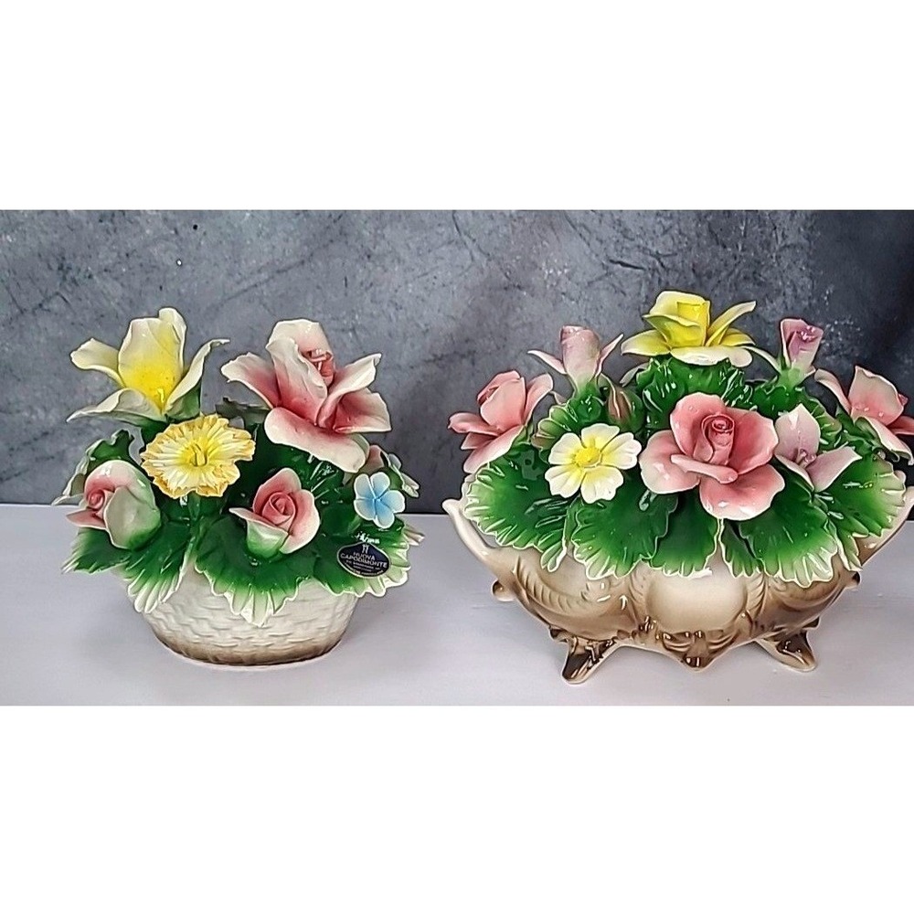 Vintage Nuova Capodimonte Set (2) Porcelain Floral Centerpiece Made in Italy